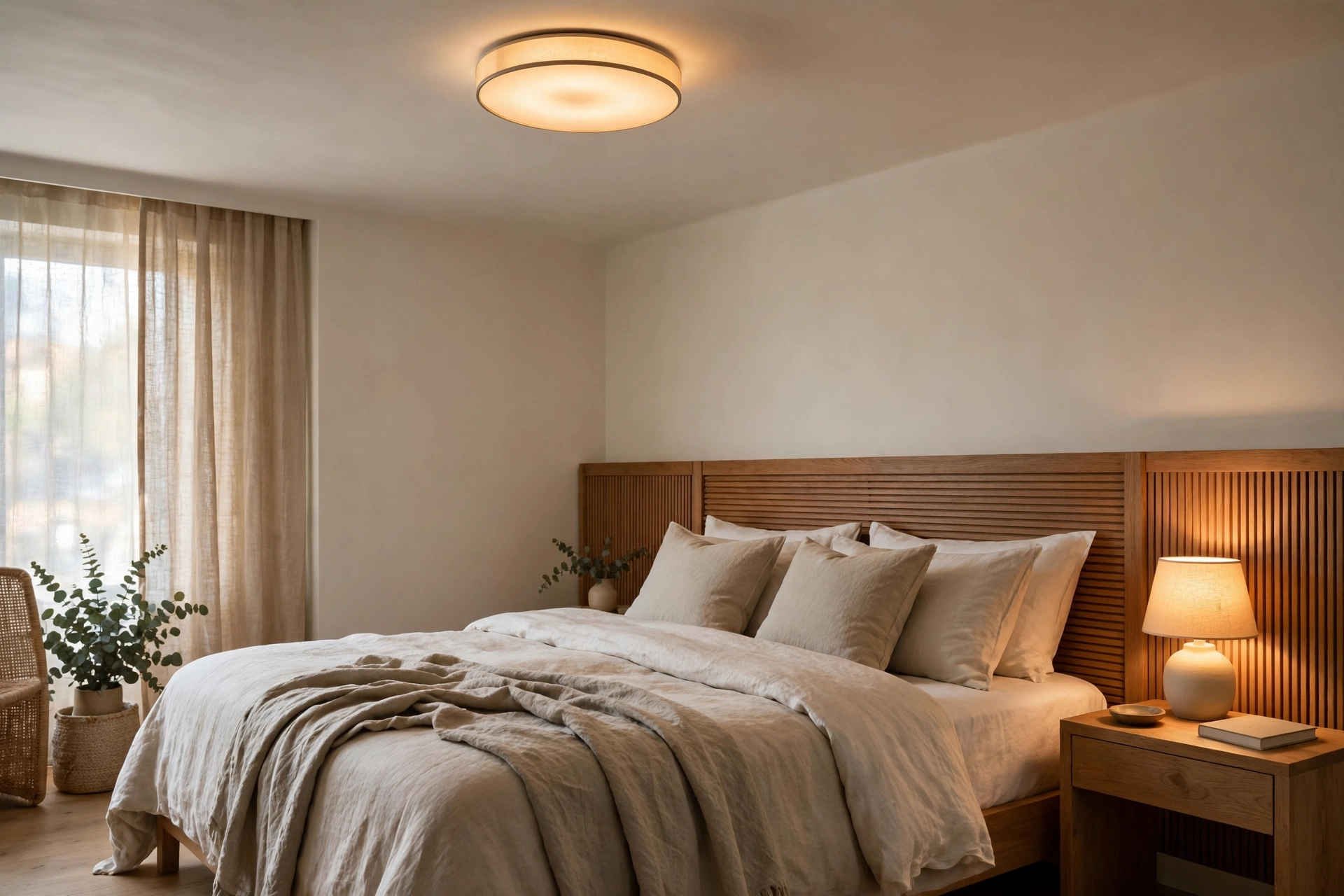 Halo ceiling light in a bedroom