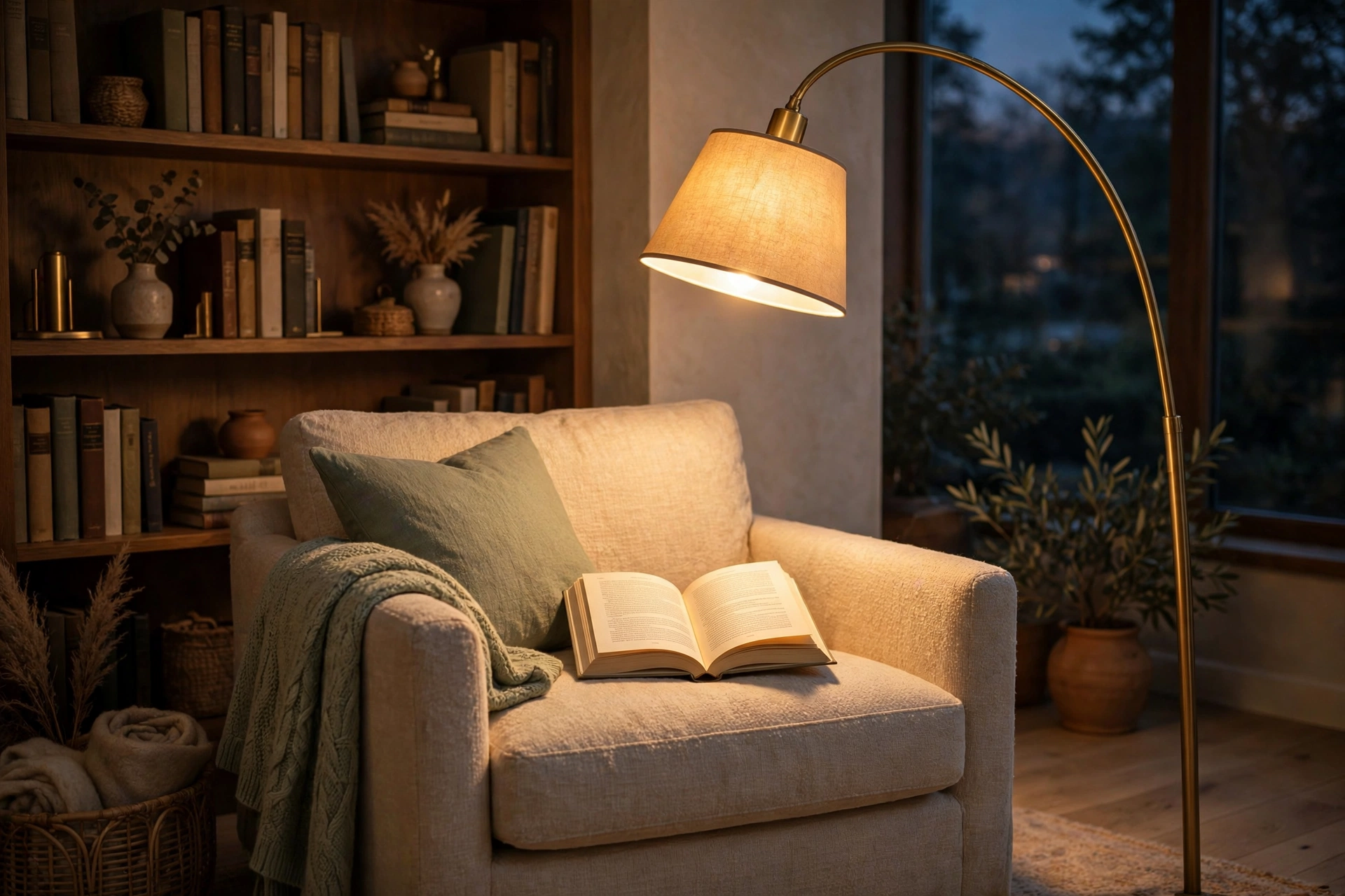 Arc floor lamp over a reading chair